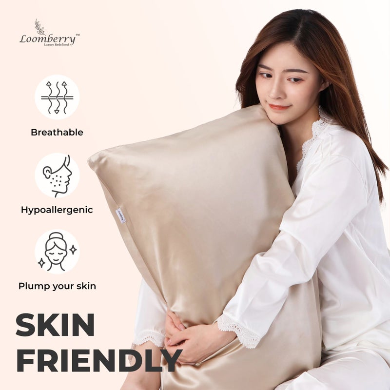 LOOMBERRY 100% Pure Mulberry Silk Pillowcase for Hair and Skin, 6A Grade 22 Momme Silk Pillow Cases with Zipper, Soft Cooling Washable Both Sided Silk Pillow Cover (Beige, Queen 20''x30'') - Image 3